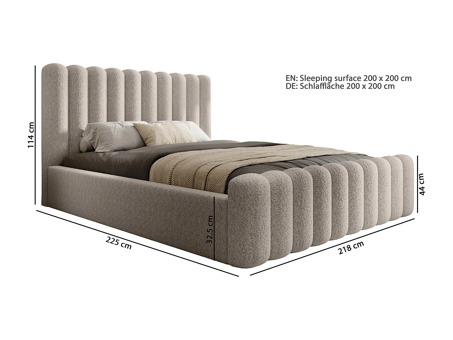 DomoHome - Mona I modern gestoffeerd bed, elegant hoofdeinde, praktische commode, Abriamo stof 200x200 cm, groen