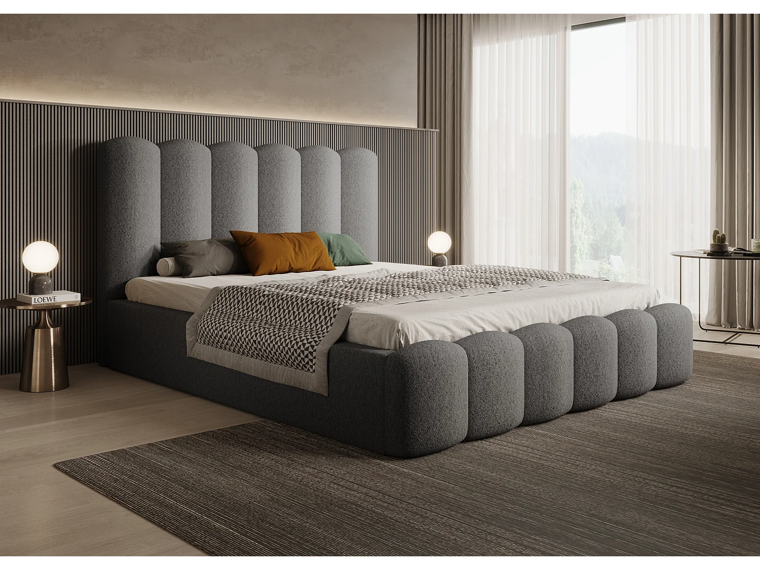 MONA V bedstee DomoHome, modern hoofdbord, zachte en resistente stof, 160x200 cm, GREY