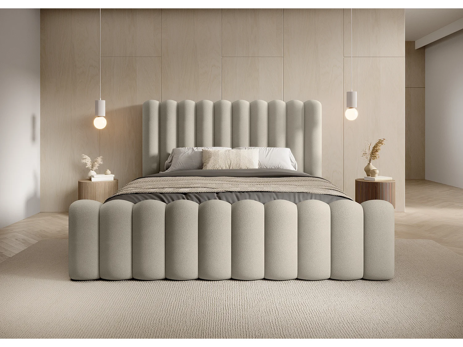 Lit Mona VII rembourré durable, design moderne, coffre spacieux, tissu facile d’entretien 140x200 cm, beige
