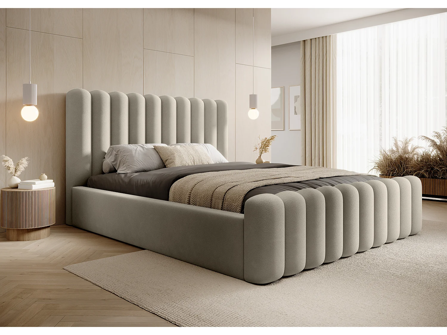 Modern gestoffeerd Mona VII bed, elegant hoofdeinde, commode, hoogwaardige Abriamo stof 180x200 cm, beige