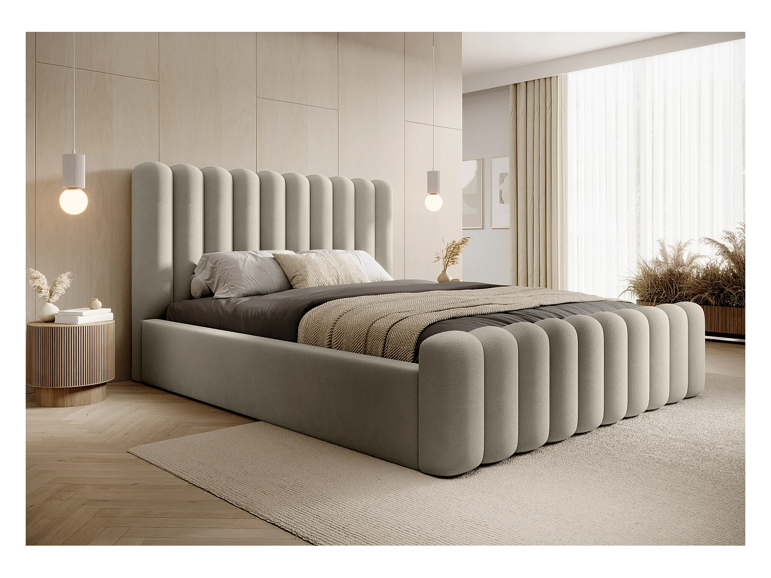 Lit Mona VII rembourré moderne, tête élégante, coffre, tissu Abriamo haut de gamme 180x200 cm, beige