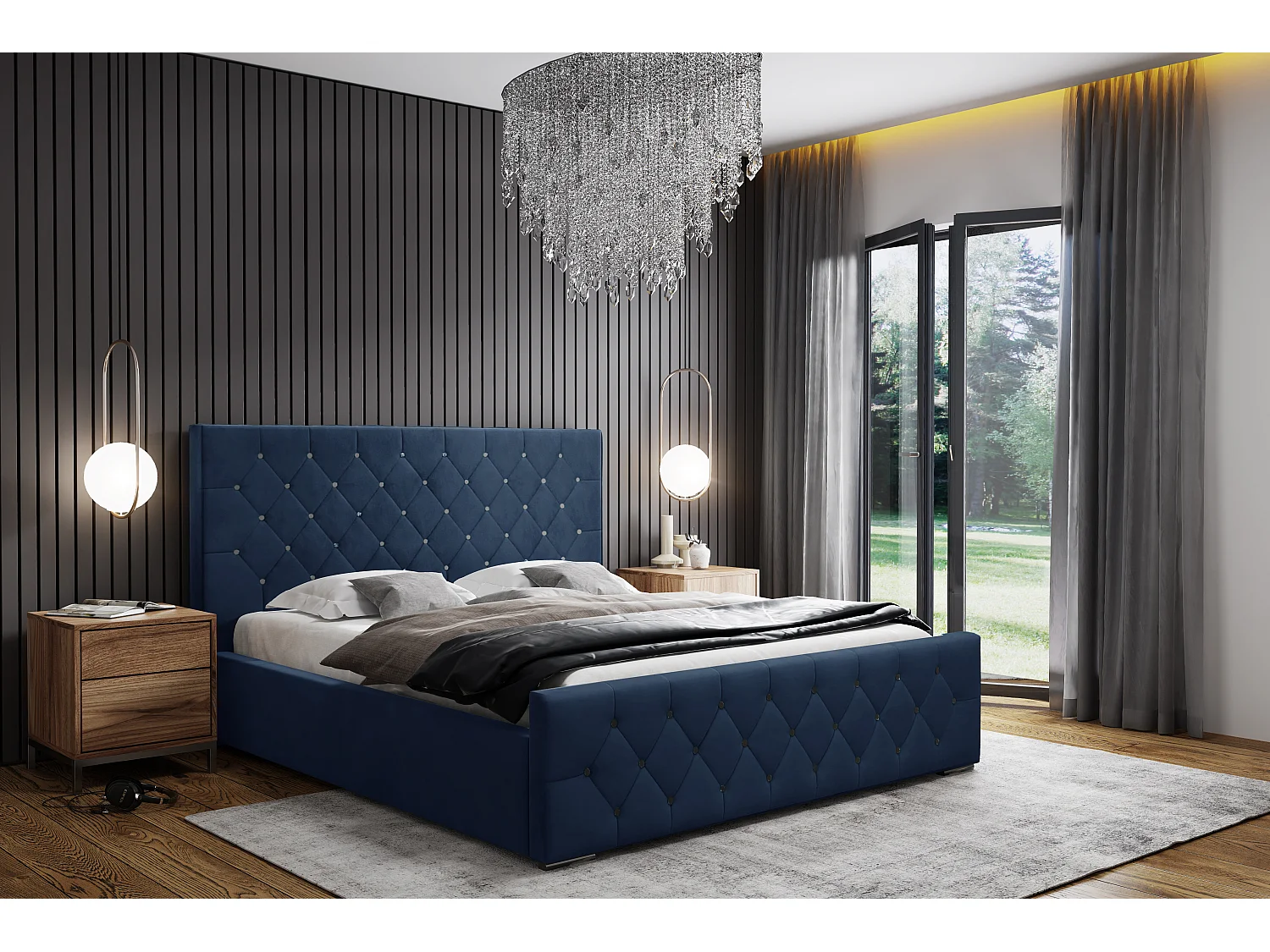 DomoHome - Nowoczesne łóżko tapicerowane Mona I, wysokiej jakości tkanina, skrzynia, elegancki półokrągły design 160x200 cm, granatowy