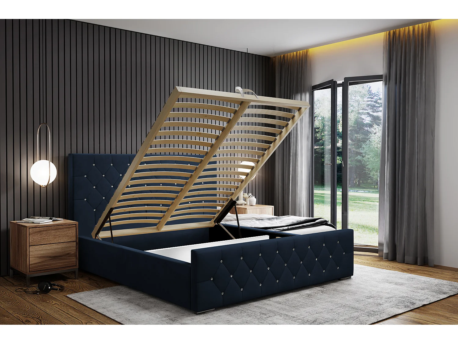 DomoHome - Nowoczesne łóżko tapicerowane Mona I, wysokiej jakości tkanina, skrzynia, elegancki półokrągły design 160x200 cm, granatowy