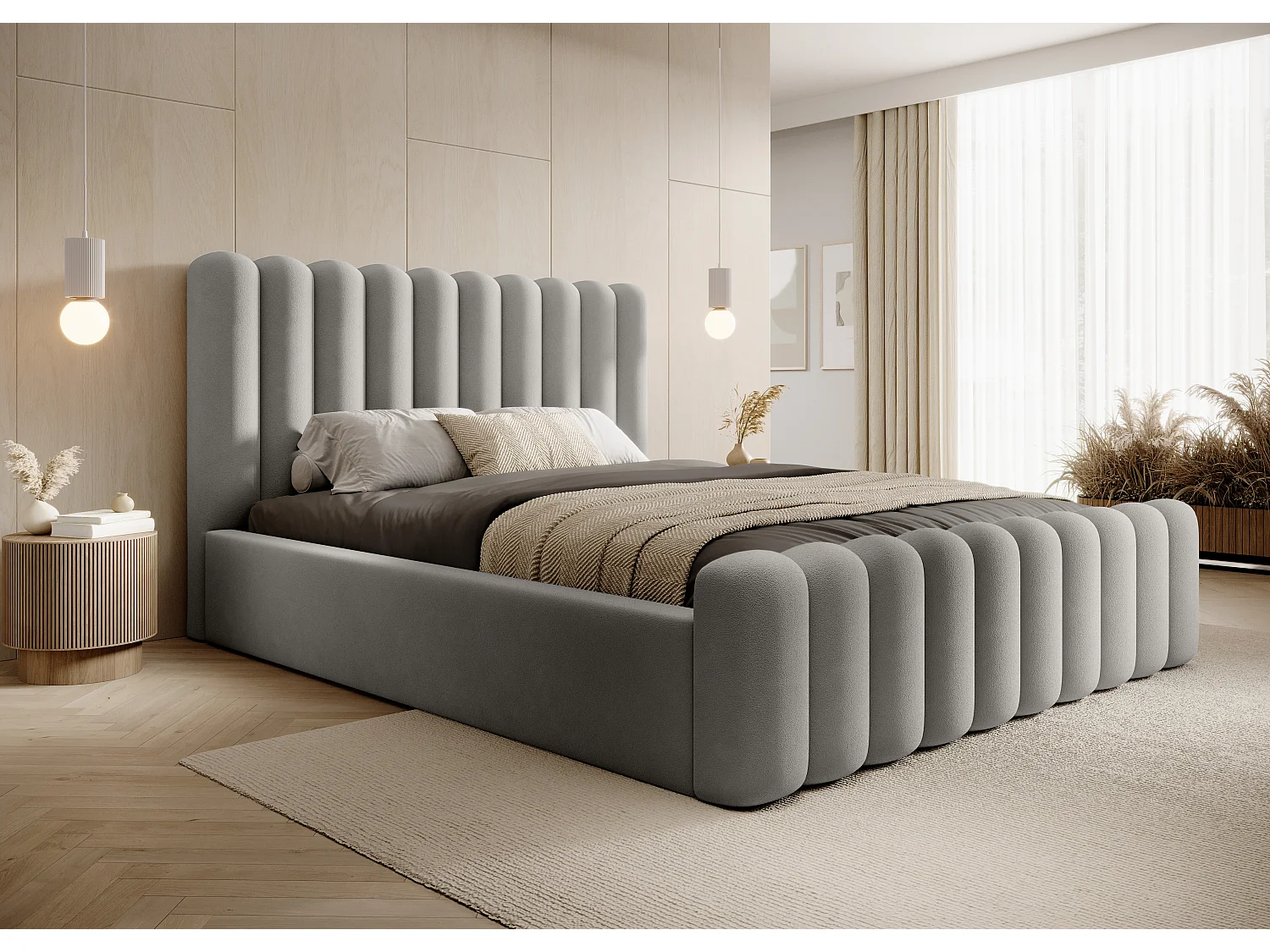 Lit Mona VII rembourré moderne, tissu haut de gamme, coffre, design élégant demi-rond 160x200 cm, frêne