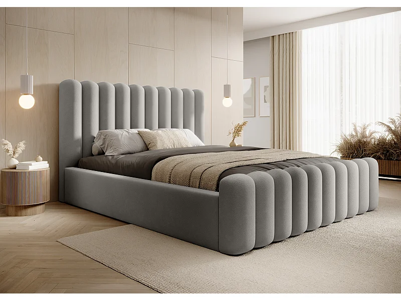 Duurzaam gestoffeerd bed Mona VII, modern design, ruime commode, onderhoudsvriendelijke stof 140x200 cm, essen