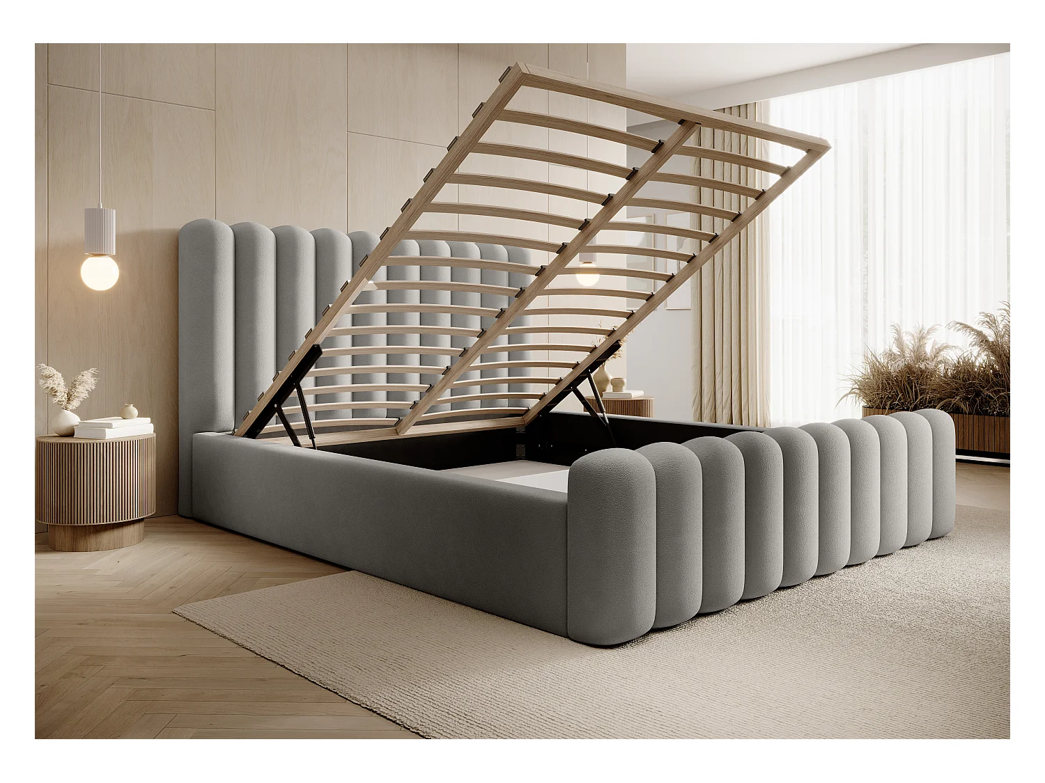 Mona VII Polsterbett langlebig, modernes Design, geräumiger Bettkasten, pflegeleichter Stoff 140x200 cm, Esche