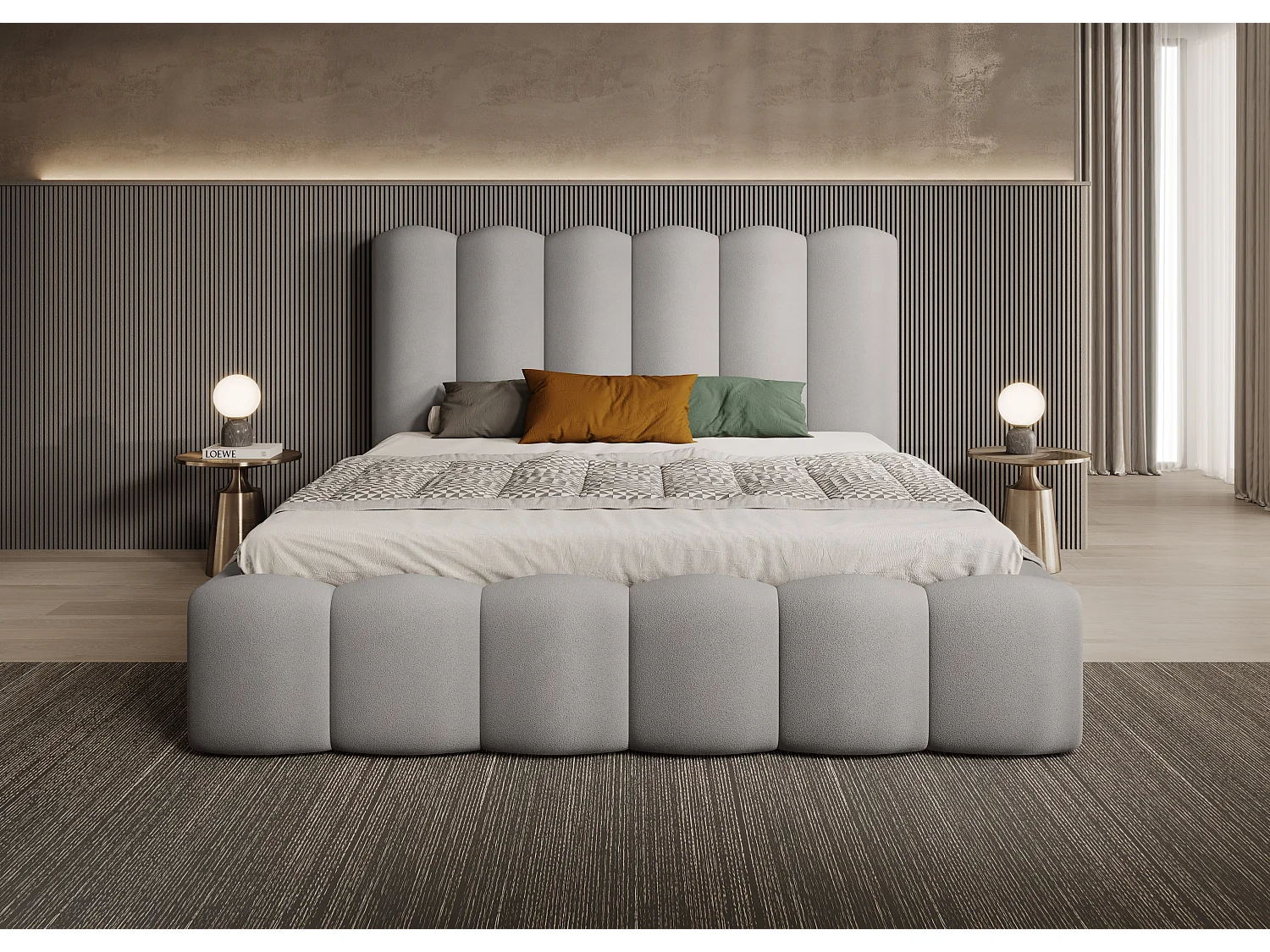 MONA V DomoHome gestoffeerd bed, opbergruimte, design-hoofdbord, elegante stof, 180x200 cm, FRÊNE
