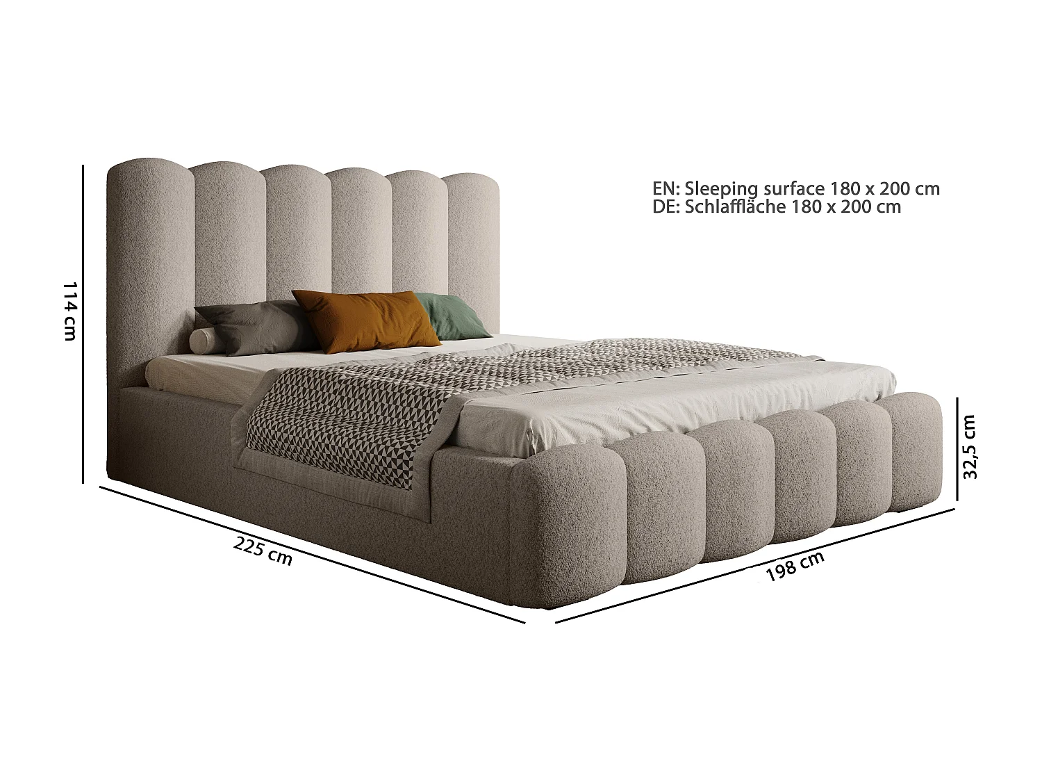 MONA V DomoHome gestoffeerd bed, opbergruimte, design-hoofdbord, elegante stof, 180x200 cm, FRÊNE
