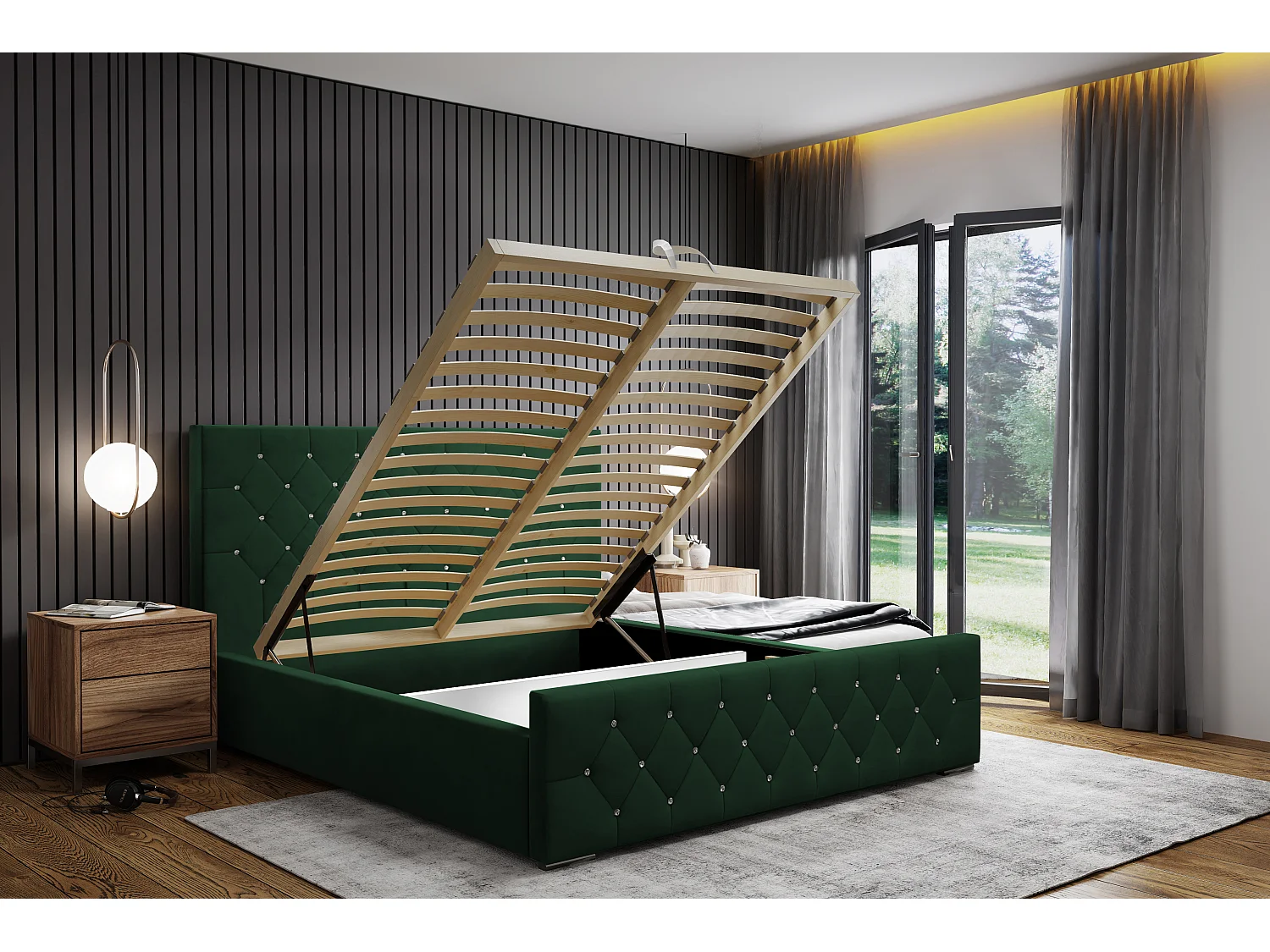 DomoHome - Trwałe łóżko tapicerowane Mona I, nowoczesny design, pojemna skrzynia, łatwa w pielęgnacji tkanina 160x200 cm, zielony