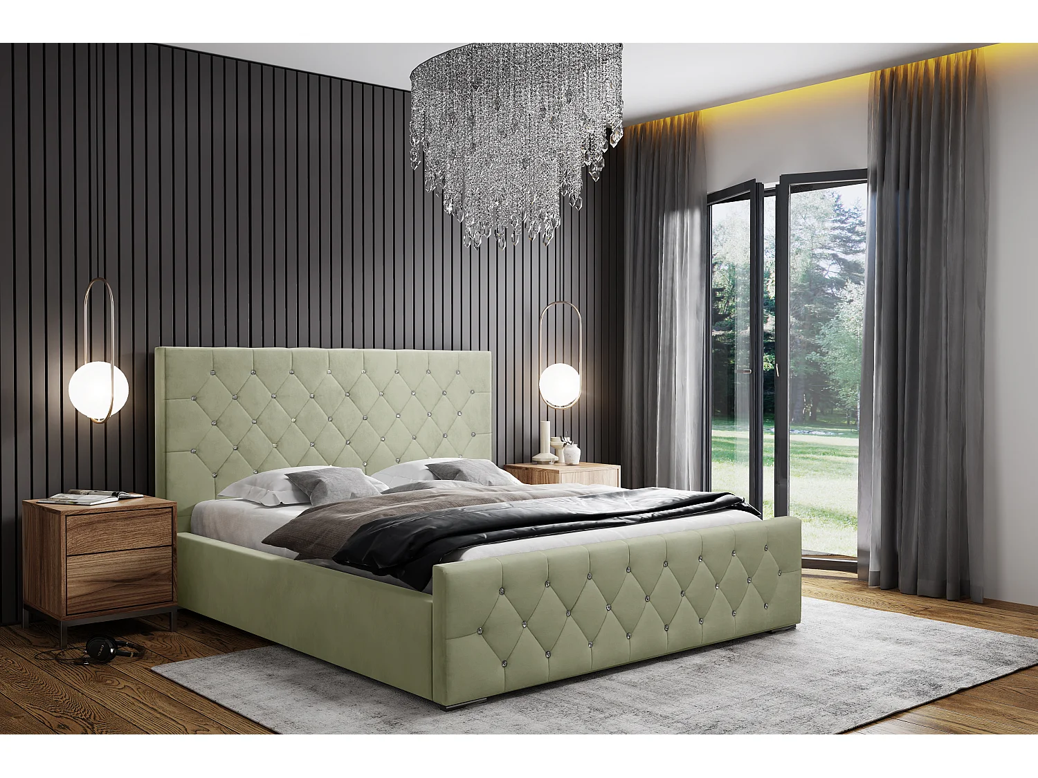 DomoHome - Nowoczesne łóżko tapicerowane Mona I, wysokiej jakości tkanina, skrzynia, elegancki półokrągły wzór 160x200 cm, seledynowy