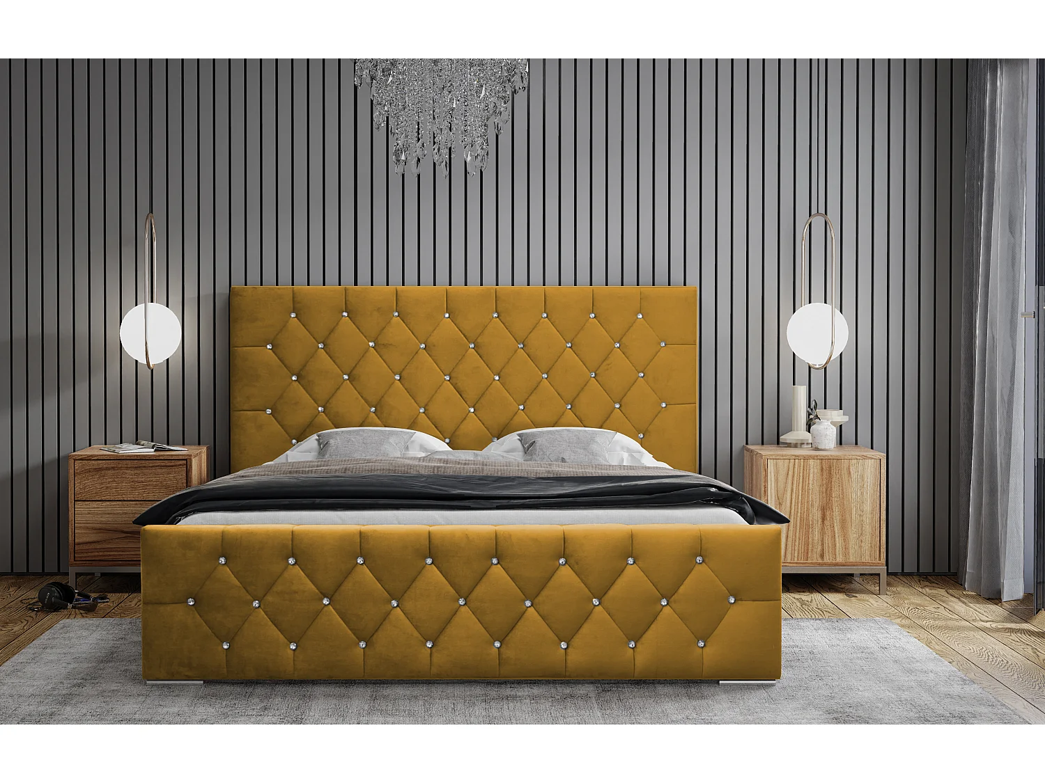 DomoHome - Nowoczesne łóżko tapicerowane Mona I, wysokiej jakości tkanina, skrzynia, elegancki półokrągły design 160x200 cm, żółty