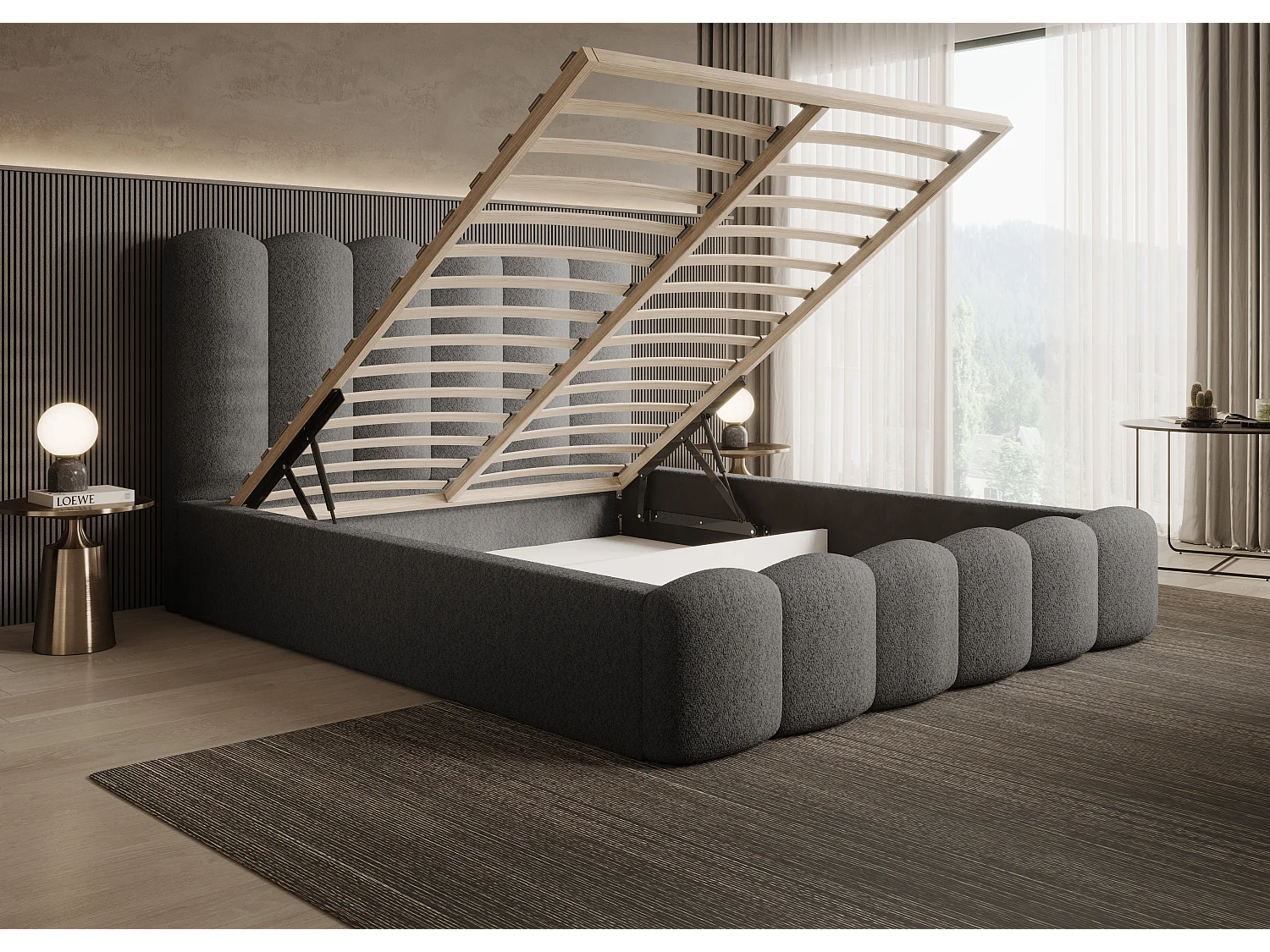 MONA V DomoHome gestoffeerd bed, hoogwaardige stof met opbergruimte, 140x200 cm, GREY