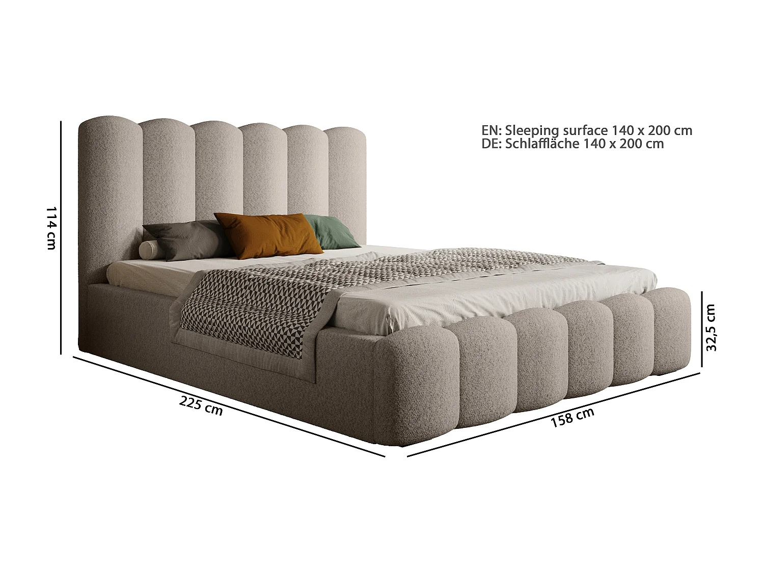 MONA V DomoHome gestoffeerd bed, hoogwaardige stof met opbergruimte, 140x200 cm, GREY