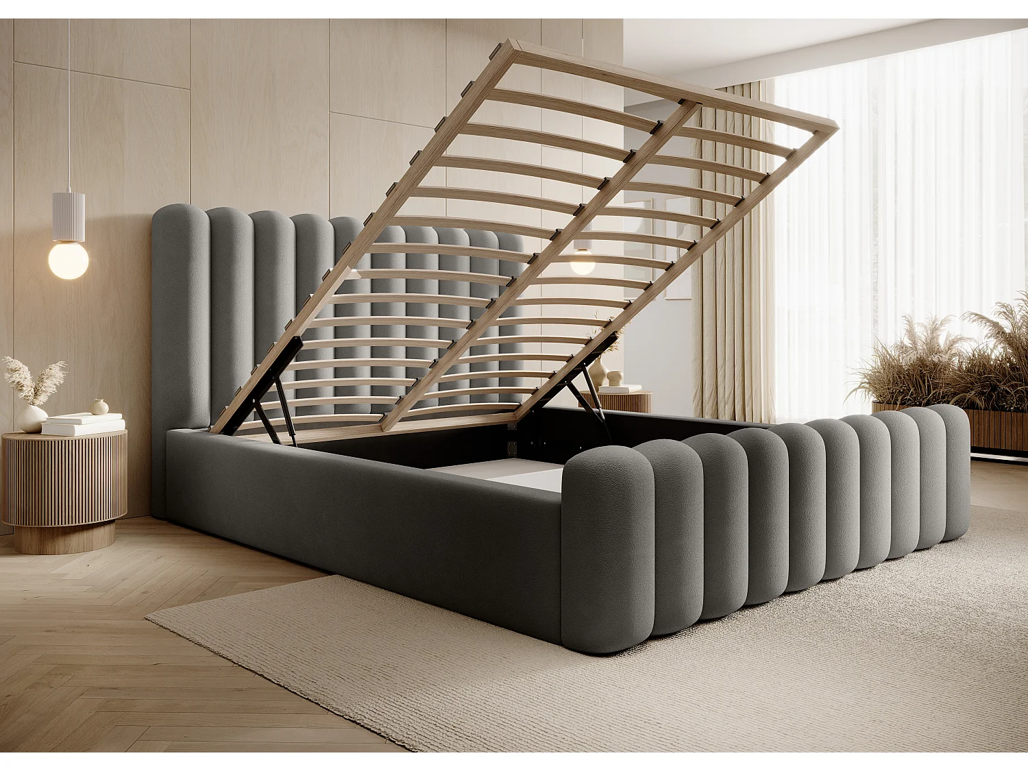 Lit Mona VII rembourré moderne, tissu haut de gamme, coffre, design élégant demi-rond 140x200 cm, gris