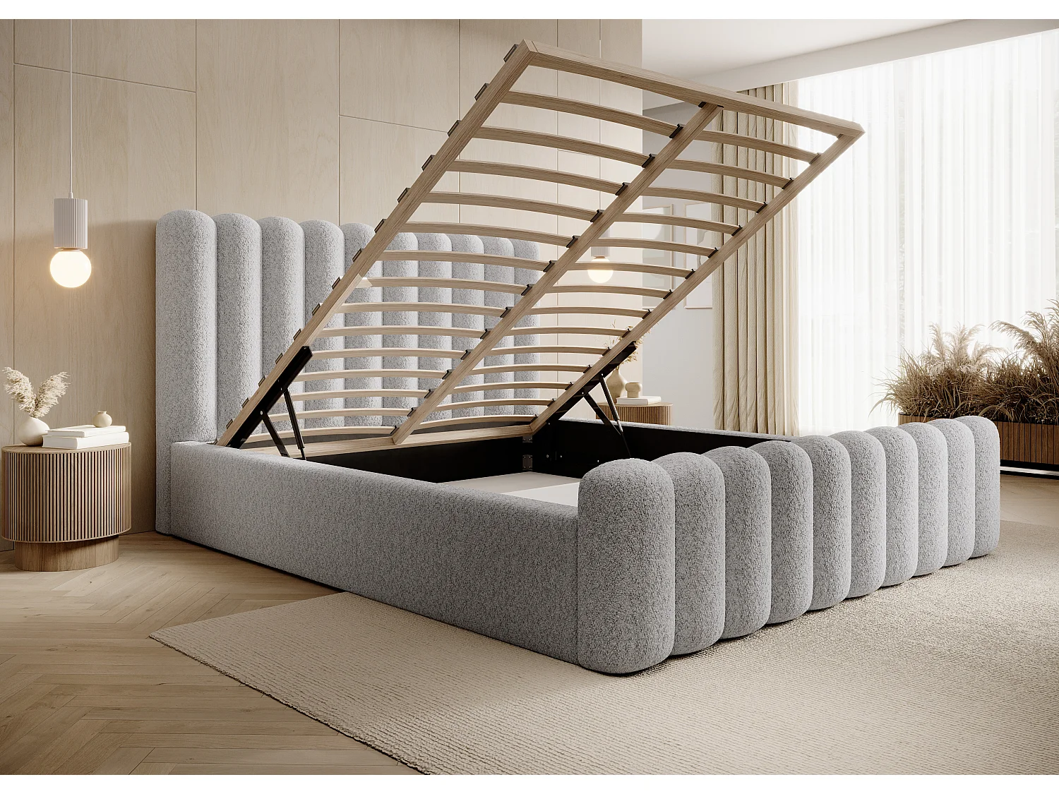 Lit coffre Mona VII DomoHome, design demi-rouleau décoratif, tissu premium, 160x200 cm, FRÊNE