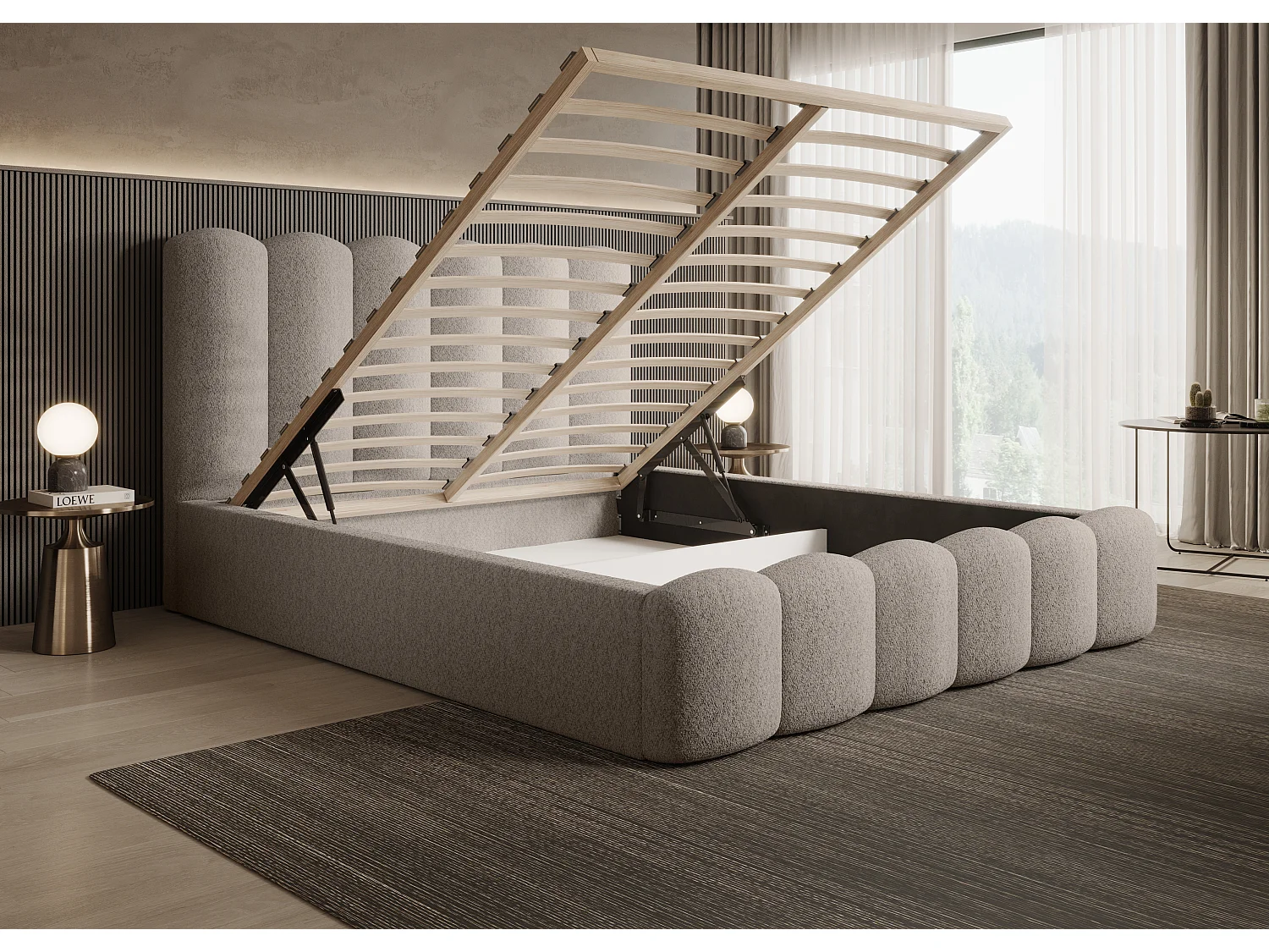 MONA V DomoHome gestoffeerd bed, modern hoofdeinde, stof met Wigo-effect, 140x200 cm, BEIGE