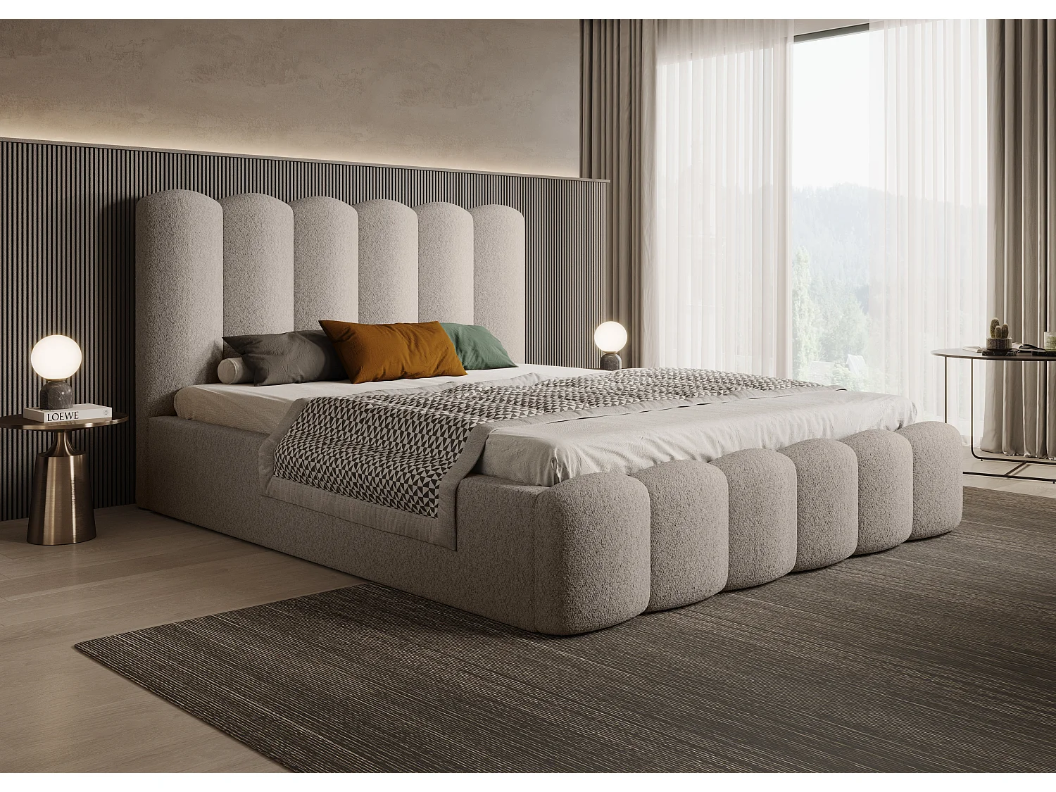 Lit coffre rembourré MONA V DomoHome, tête de lit moderne, tissu Wigo-feeling, 140x200 cm, BEIGE