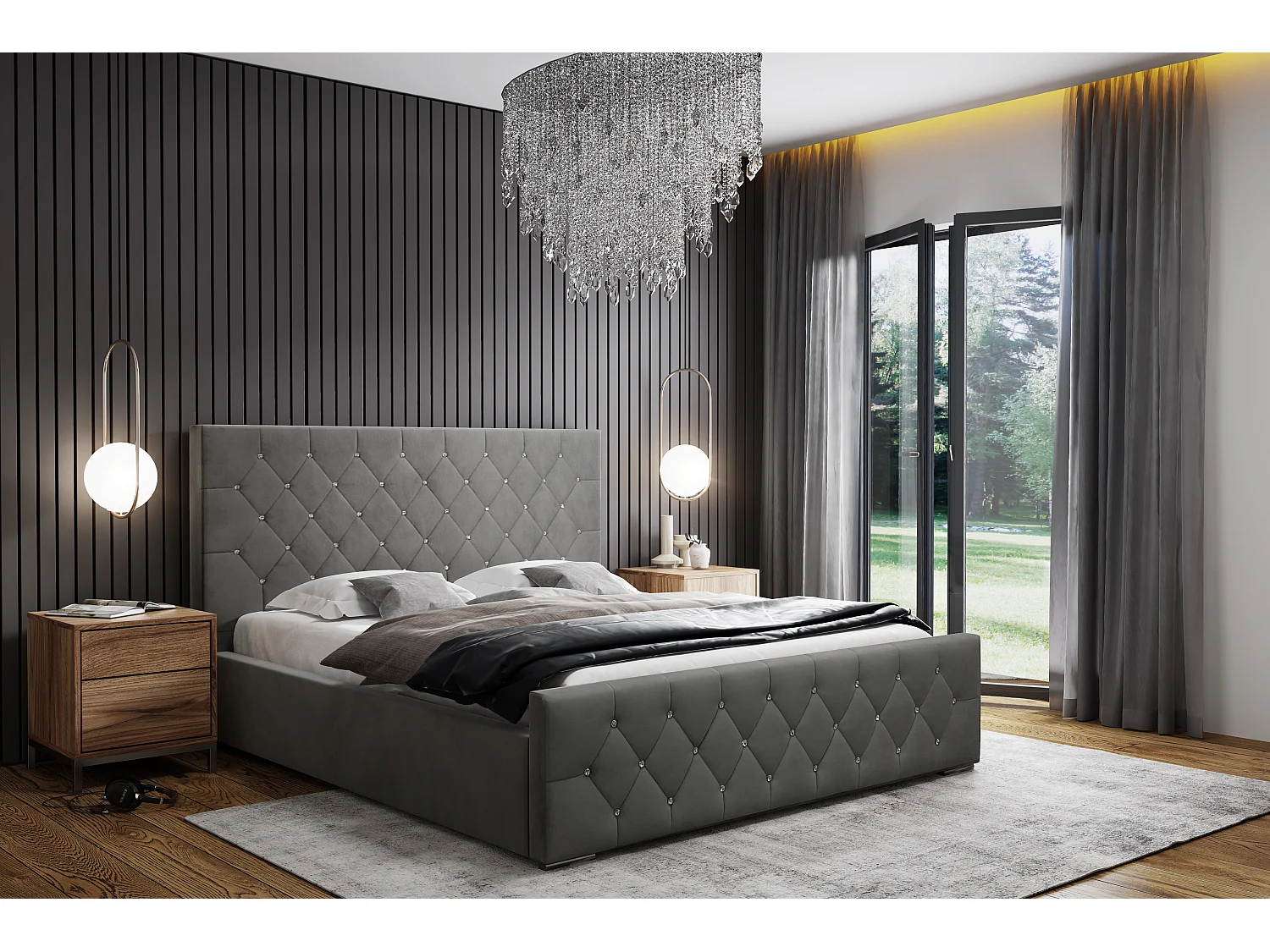 DomoHome - Nowoczesne łóżko tapicerowane Mona I, wysokiej jakości tkanina, skrzynia, elegancki półokrągły wzór 140x200 cm, popielaty