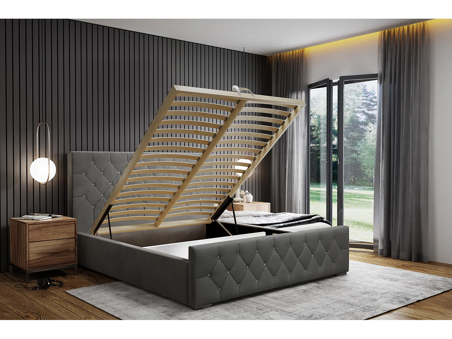 DomoHome - Nowoczesne łóżko tapicerowane Mona I, wysokiej jakości tkanina, skrzynia, elegancki półokrągły wzór 200x200 cm, jesion