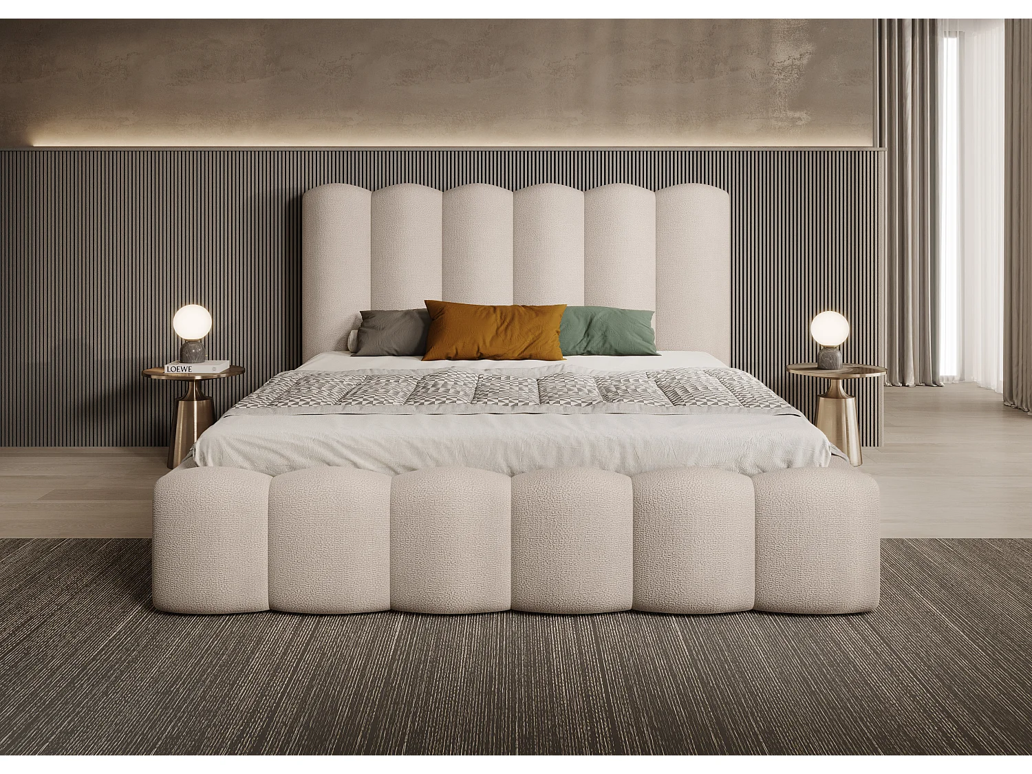 MONA V bedstee DomoHome, modern hoofdbord, Wigo-stof, elegante slaapkamer, 200x200 cm, BEIGE