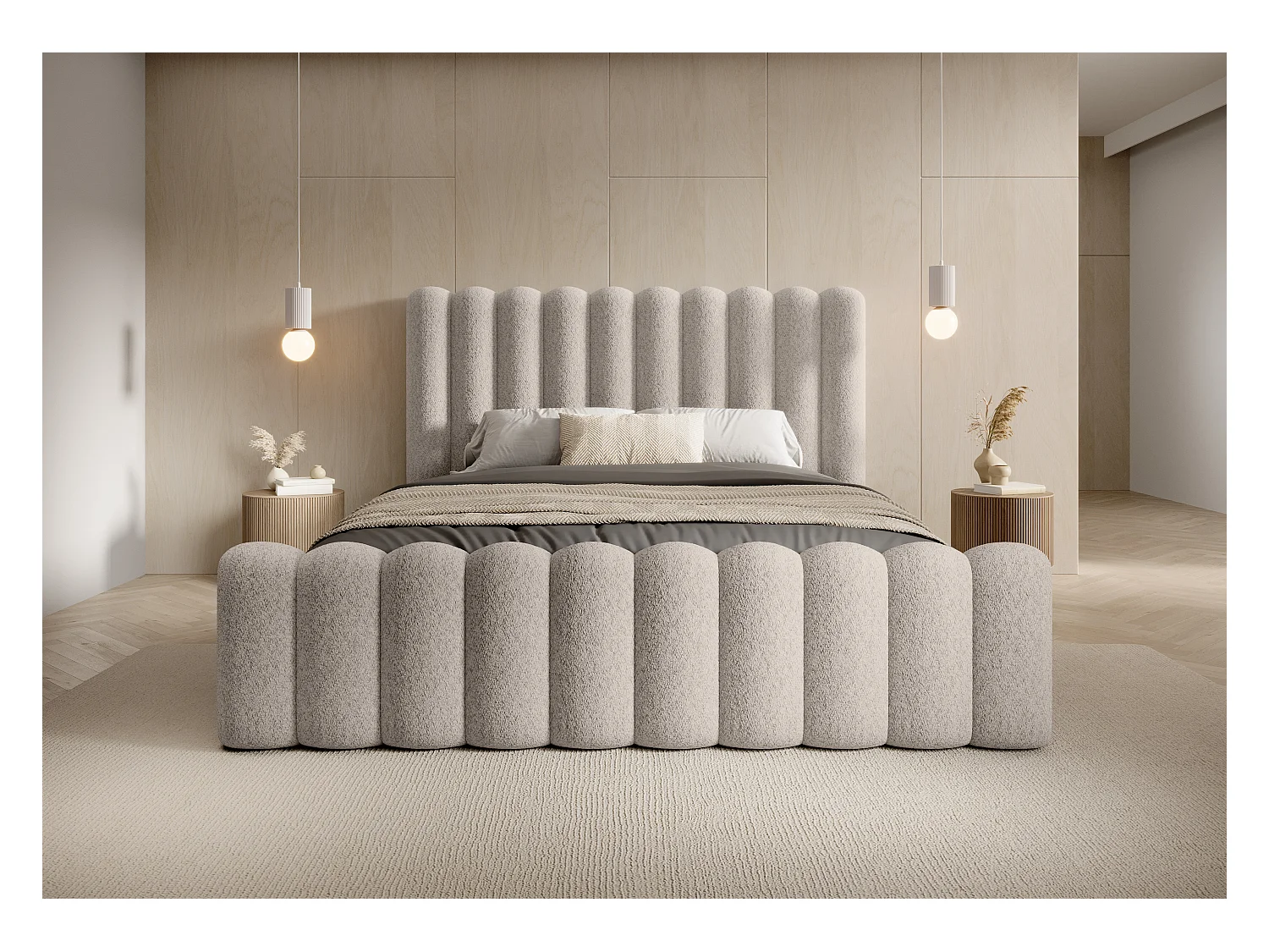 Mona VII bedstee DomoHome, modern hoofdbord, Wigo-stof, elegante slaapkamer, 200x200 cm, BEIGE