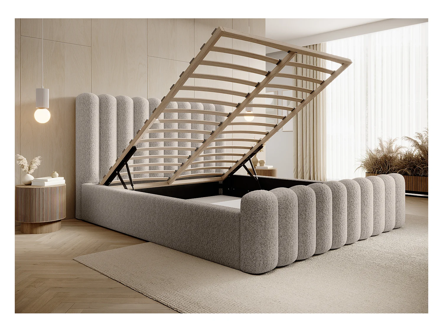 Mona VII bedstee DomoHome, modern hoofdbord, Wigo-stof, elegante slaapkamer, 200x200 cm, BEIGE