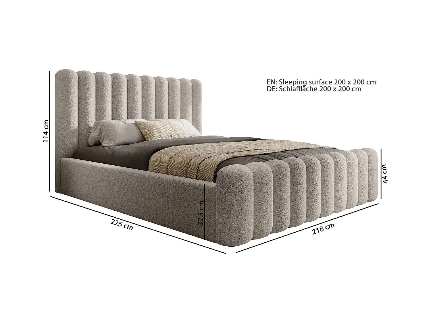 Mona VII bedstee DomoHome, modern hoofdbord, Wigo-stof, elegante slaapkamer, 200x200 cm, BEIGE
