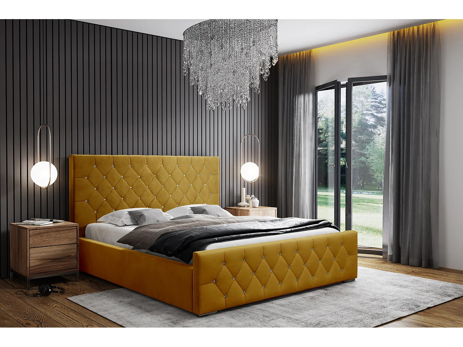 DomoHome - Nowoczesne łóżko tapicerowane Mona I, wysokiej jakości tkanina, skrzynia, elegancki półokrągły wzór 160x200 cm, żółty