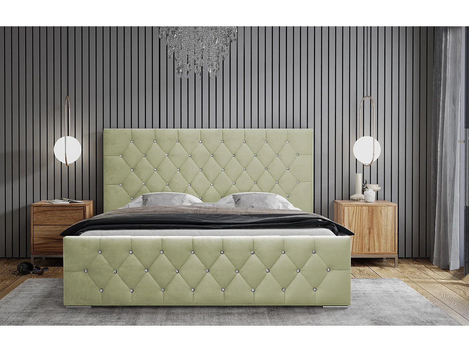 DomoHome - Nowoczesne łóżko tapicerowane Mona I, eleganckie wezgłowie, praktyczna skrzynia, tkanina Abriamo 180x200 cm, seledynowy