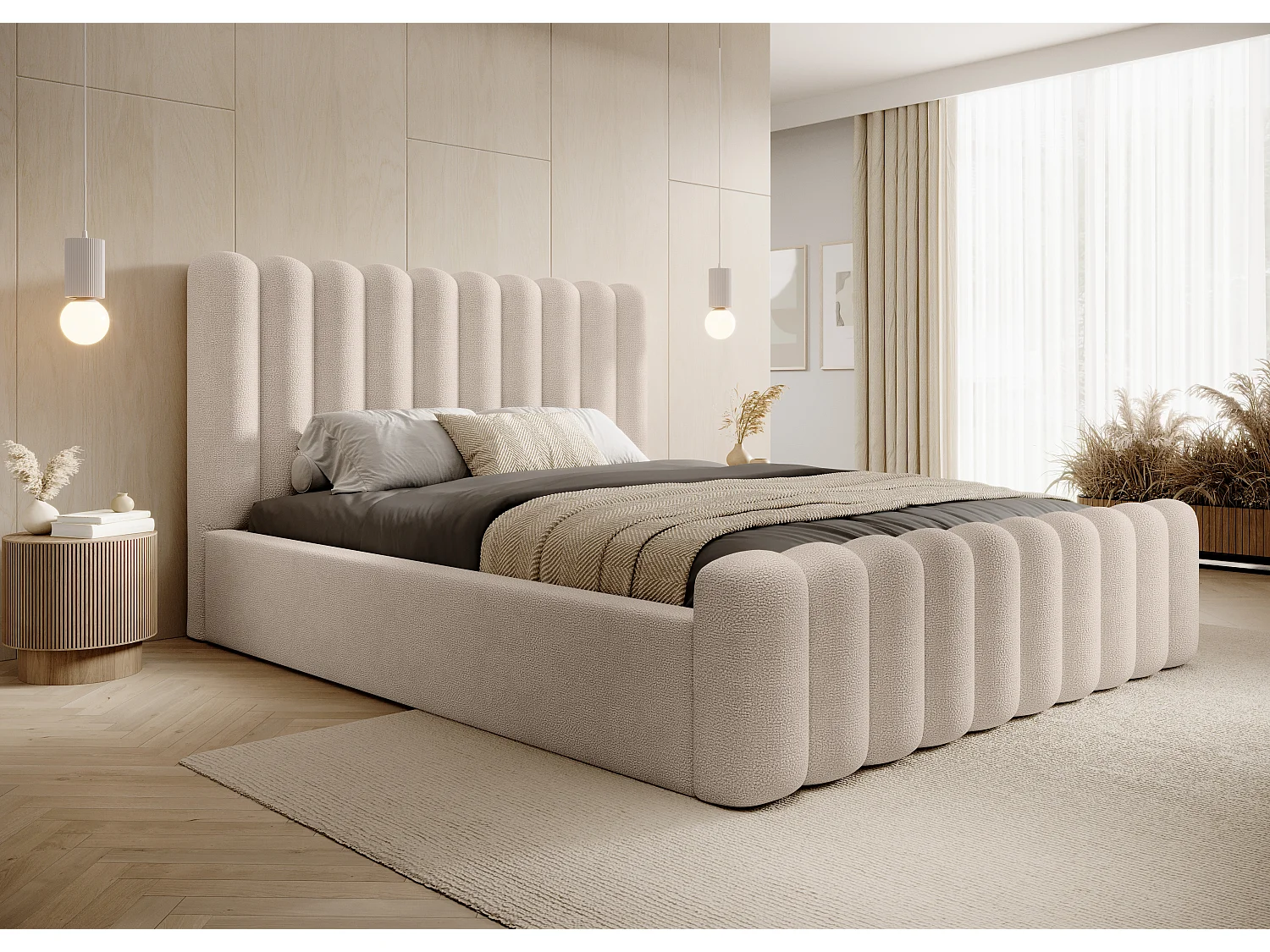 Lit coffre rembourré Mona VII DomoHome, tête de lit moderne, tissu Wigo-feeling, 140x200 cm, BEIGE