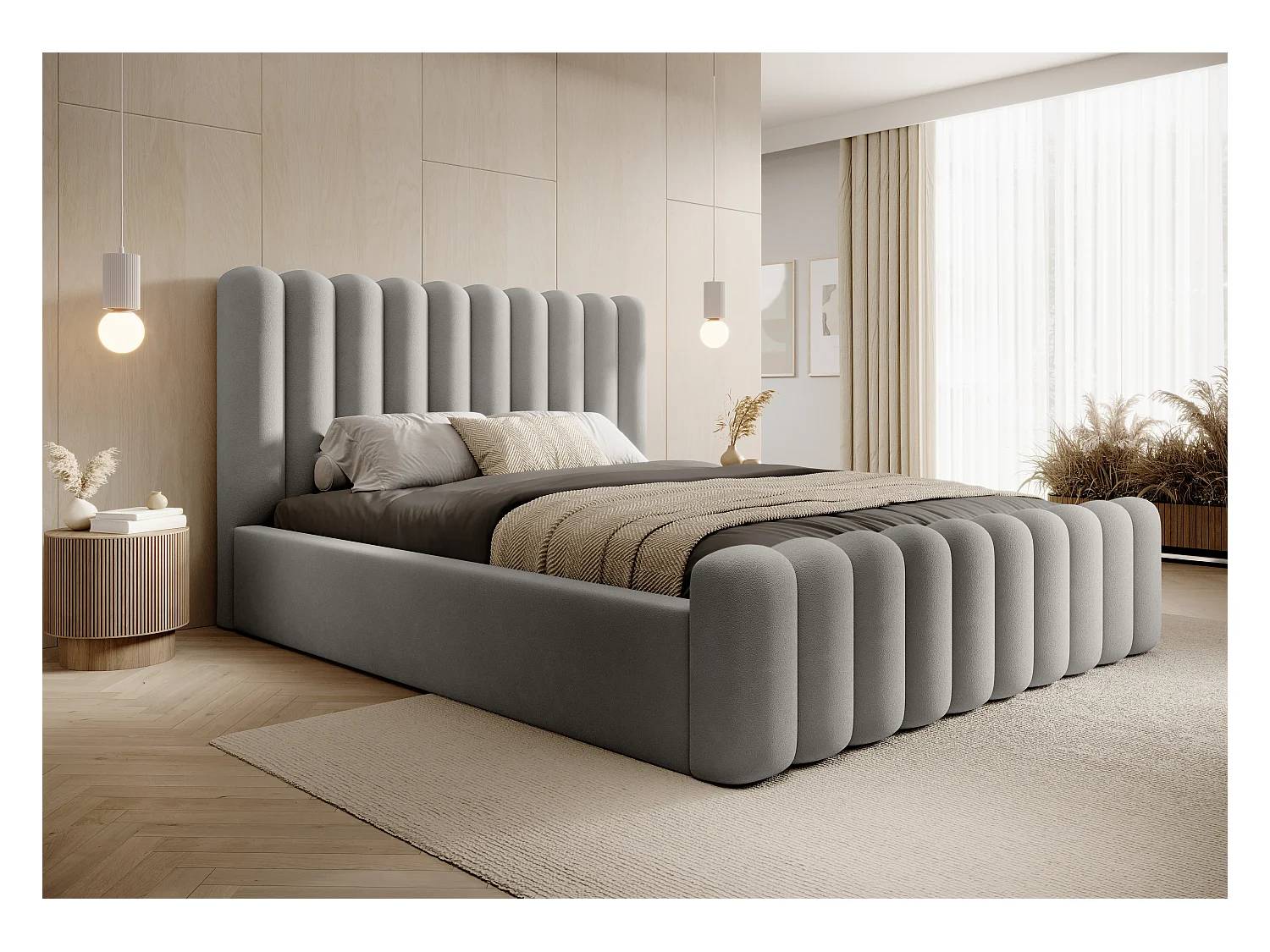 Lit Mona VII rembourré moderne, tête élégante, coffre, tissu Abriamo haut de gamme 180x200 cm, frêne