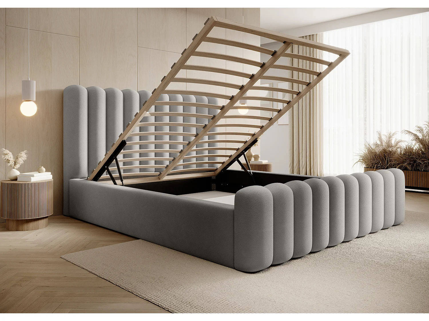 Modern gestoffeerd Mona VII bed, elegant hoofdeinde, commode, hoogwaardige Abriamo stof 180x200 cm, essen