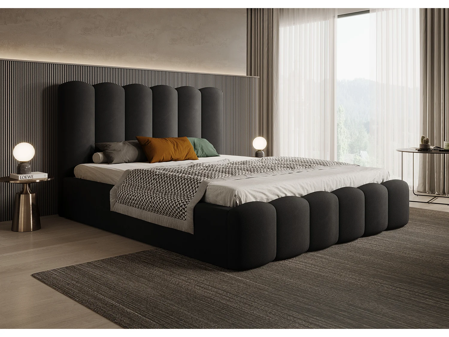 Lit coffre MONA V DomoHome, tête de lit moderne, tissu doux et résistant, 160x200 cm, Noir