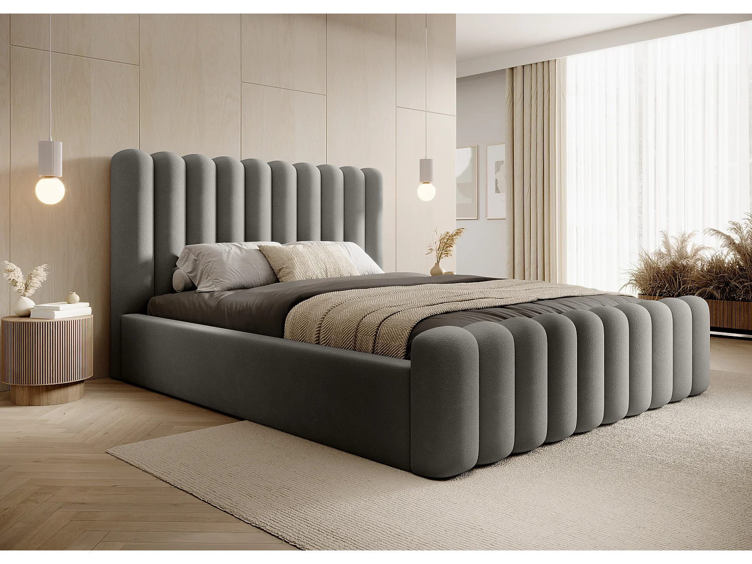 Lit Mona VII rembourré durable, design moderne, coffre spacieux, tissu facile d’entretien 180x200 cm, gris