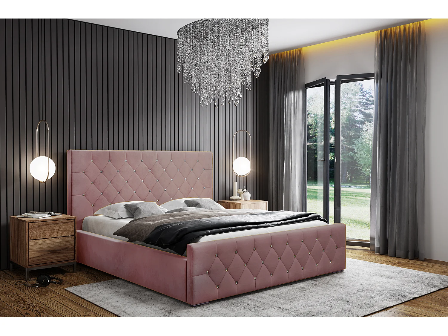 DomoHome - Nowoczesne łóżko tapicerowane Mona I, wysokiej jakości tkanina, skrzynia, elegancki półokrągły wzór 160x200 cm, różowy