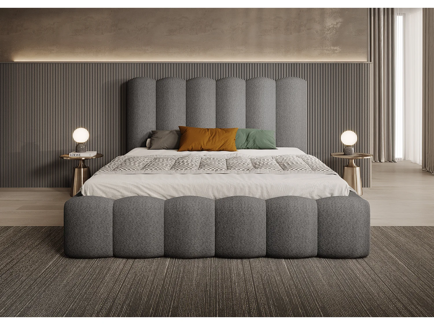 MONA V bedombouw DomoHome, elegant frame met geïntegreerde commode, hoogwaardige stof, 200x200 cm, GREY