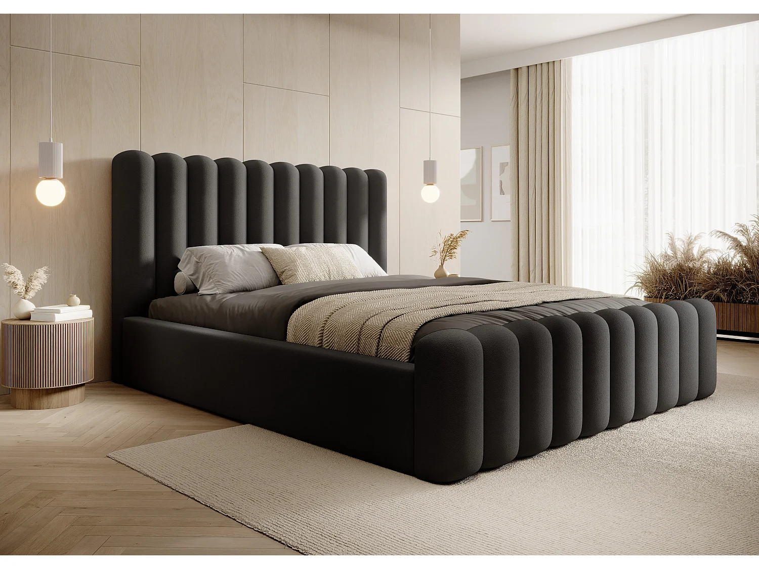 Mona VII modern gestoffeerd bed, elegant hoofdeinde, commode, Abriamo premium stof 200x200 cm, zwart