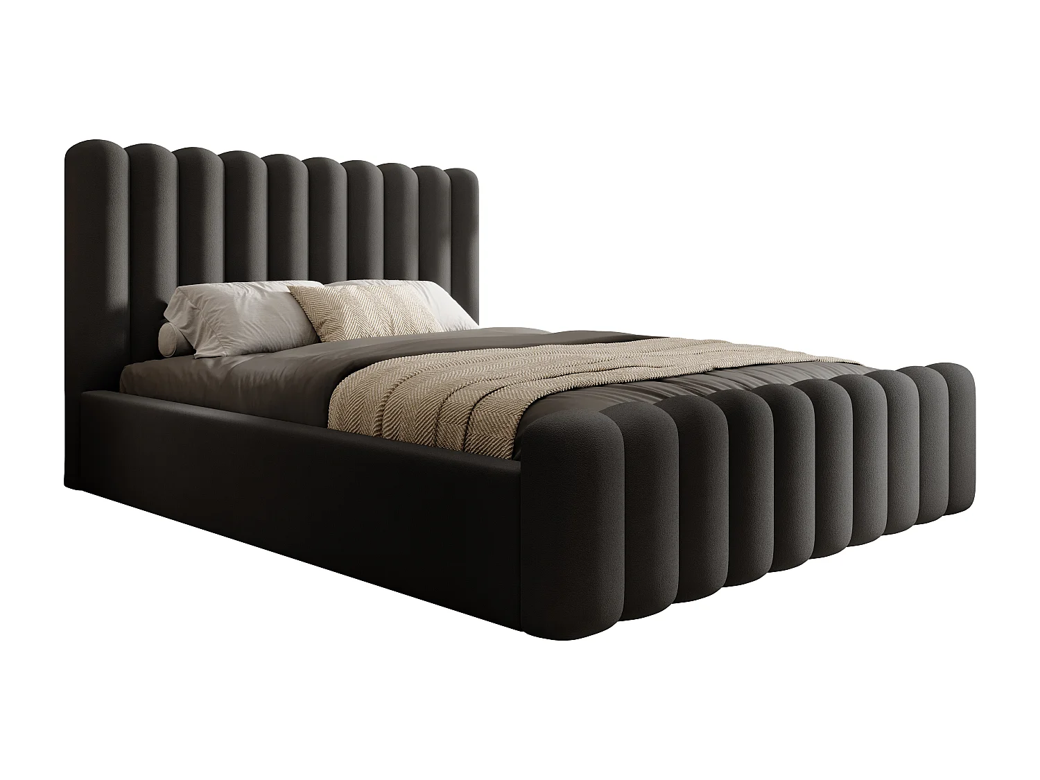 Mona VII modern gestoffeerd bed, elegant hoofdeinde, commode, Abriamo premium stof 200x200 cm, zwart