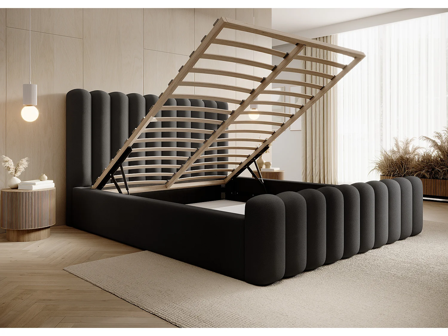 Mona VII modern gestoffeerd bed, elegant hoofdeinde, commode, Abriamo premium stof 200x200 cm, zwart