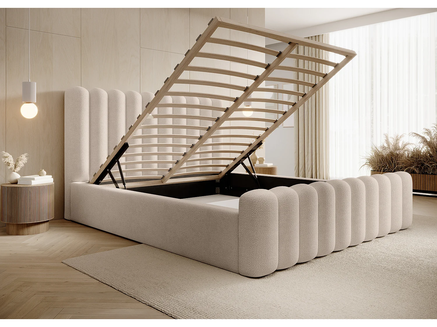 Łóżko tapicerowane Mona VII DomoHome, elegancka rama ze schowkiem, wysokiej jakości tkanina, 180x200 cm, BEŻOWE