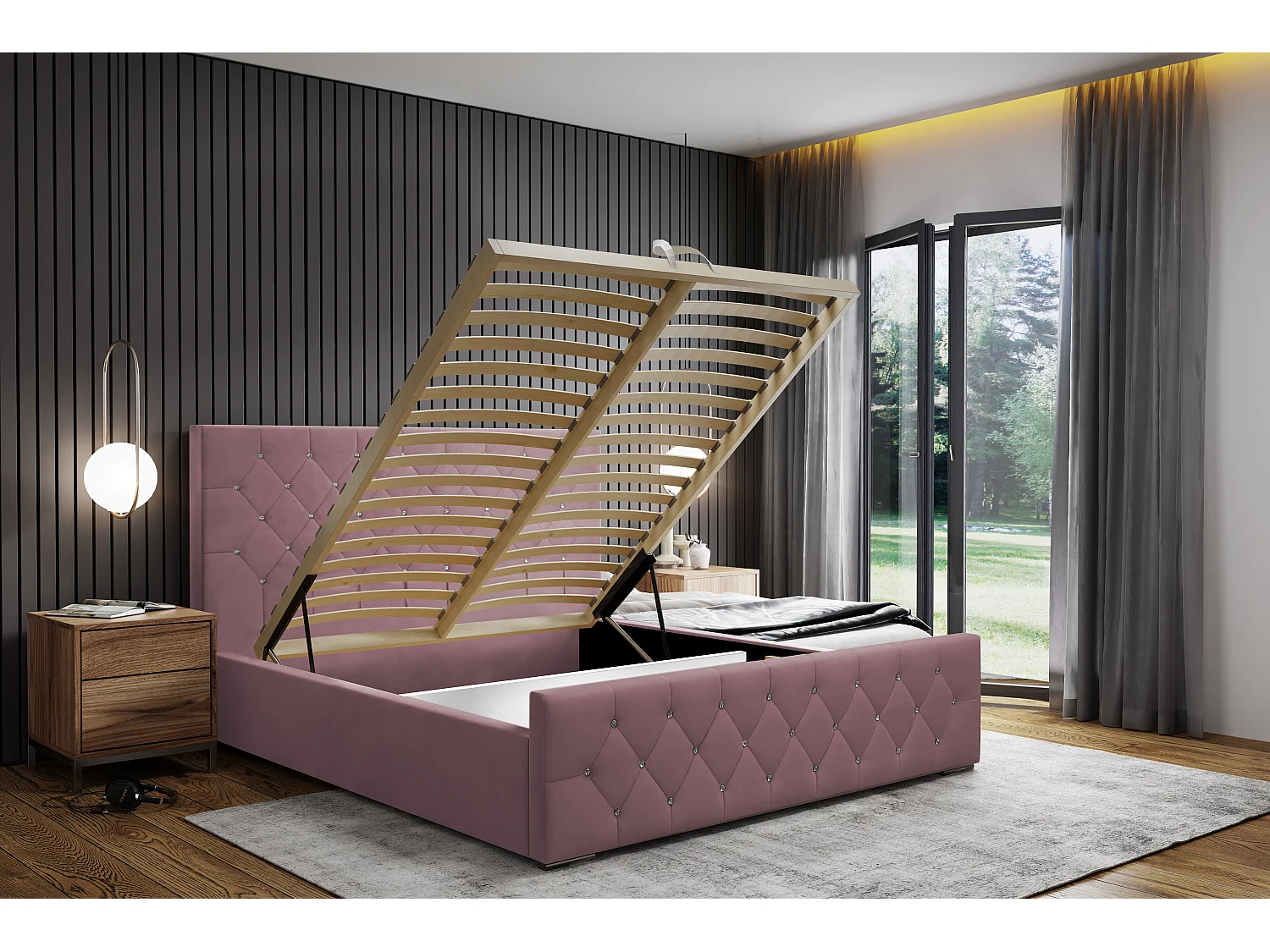 DomoHome - Mona I modern gestoffeerd bed, elegant hoofdeinde, praktische commode, Abriamo stof 180x200 cm, roze