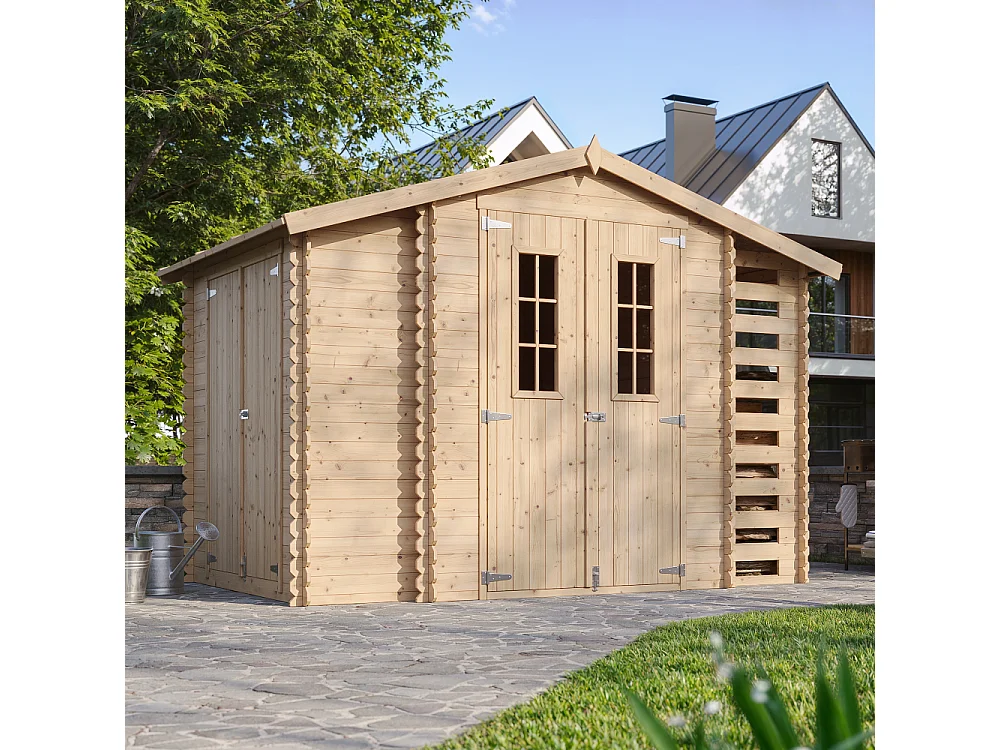 Abri de jardin en bois et range bûches avec sol traité - 3,53 + 0,97+0,97 m2 - M389C+M389G
