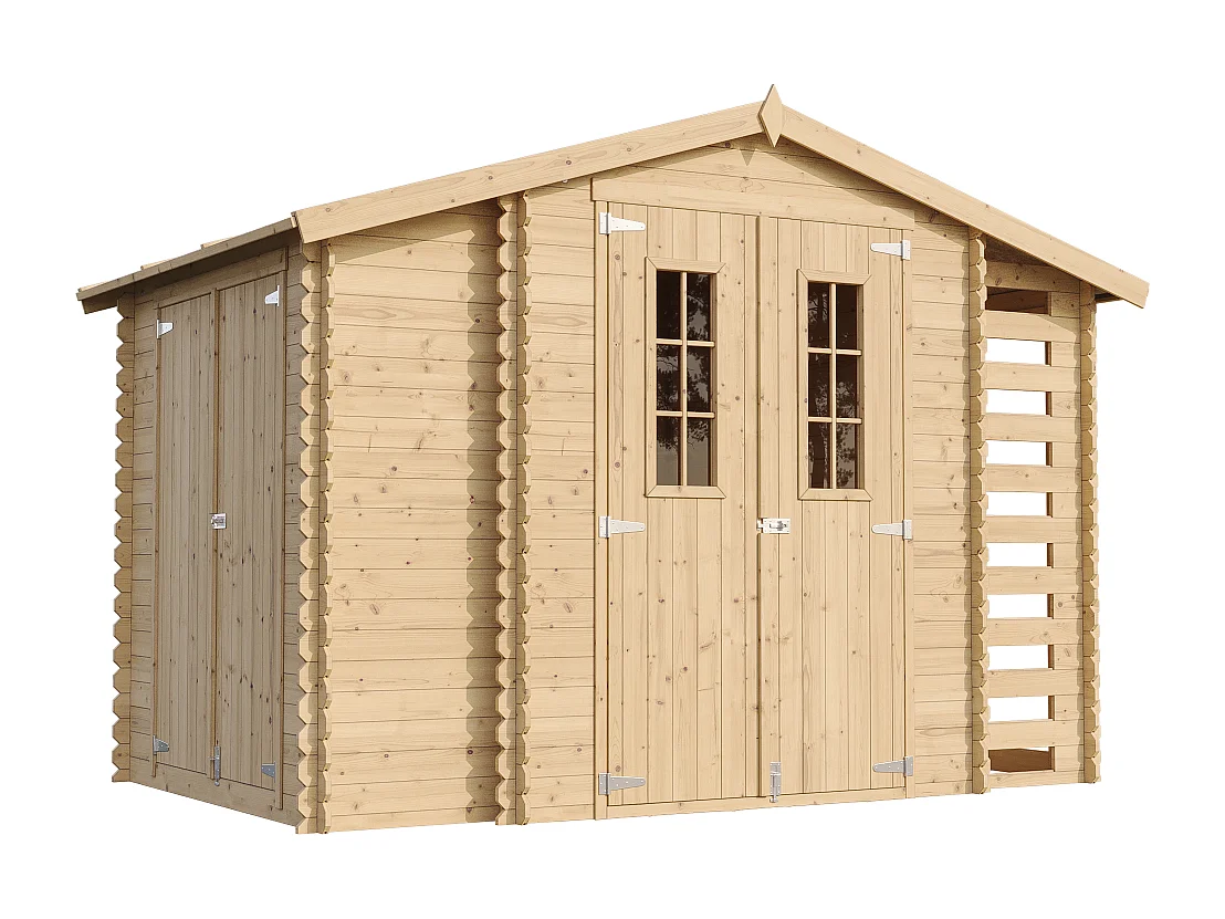Abri de jardin en bois et range bûches extérieur - 3,53 + 0,97+0,97 m2 -  TIMBELA M389C