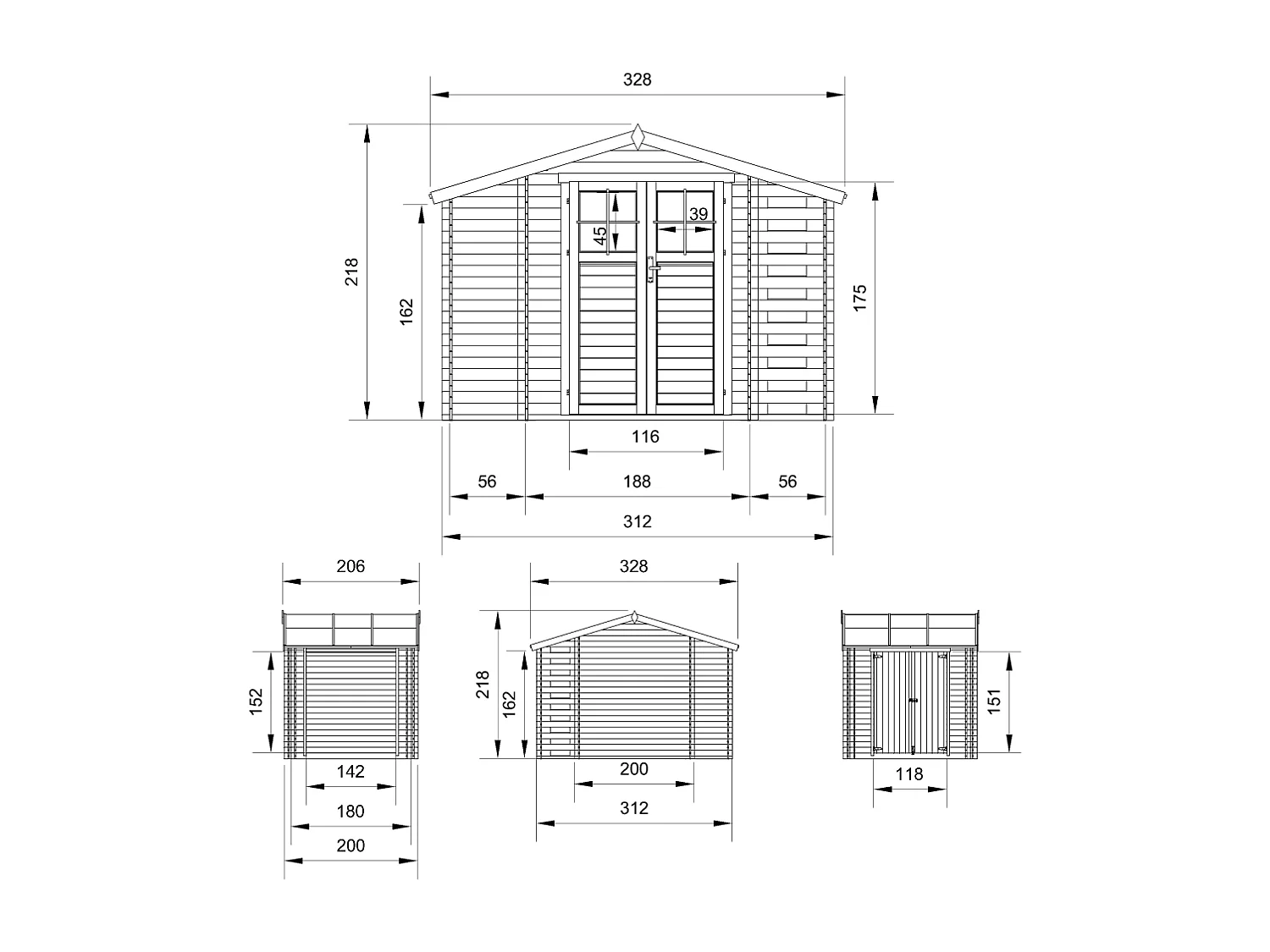 Houten tuinhuis met houtopslag TIMBELA M389F - B328xL206xH218 cm/ 3,53 + 0,97 + 0,97 m2