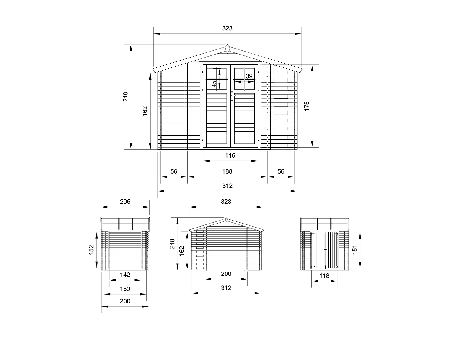 Holzhaus gartenhaus mit brennholzschuppen - B328xL206xH218 cm / 3.53+0.97+0.97 m² - M389F