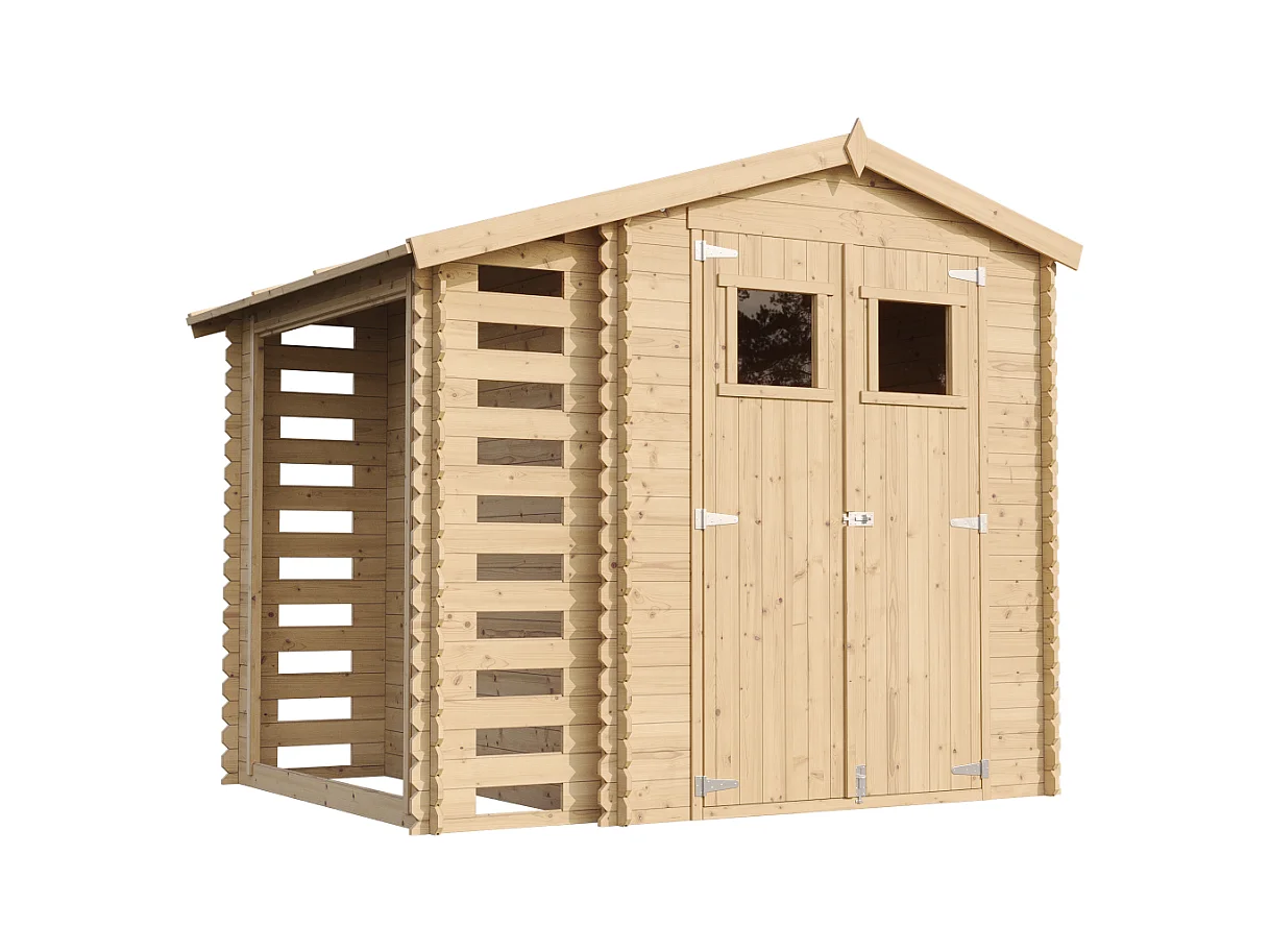 Abri de jardin en bois et range bûches extérieur - I206xL272xH218 cm/ 3,53 + 0,97 m2 - TIMBELA M386