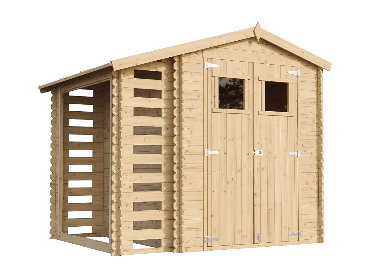 Abri de jardin en bois et range bûches extérieur - I206xL272xH218 cm/ 3,53 + 0,97 m2 - TIMBELA M386