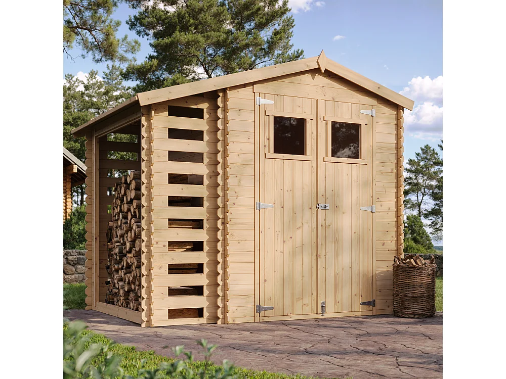 Abri de jardin en bois et range bûches extérieur - I206xL272xH218 cm/ 3,53 + 0,97 m2 - TIMBELA M386