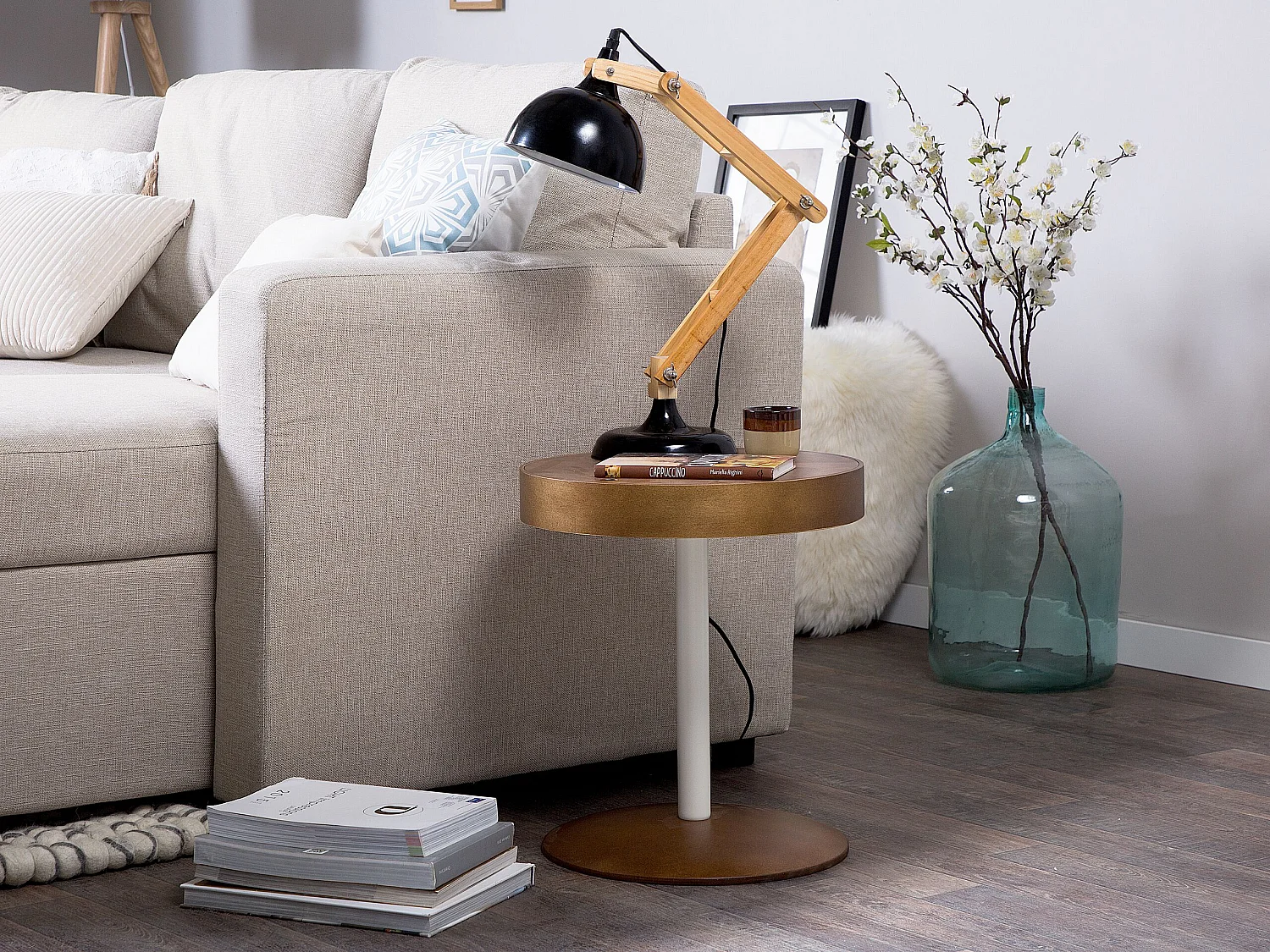 Couchtisch dunkler Holzfarbton/ weiß mit Aufbewahrungsfach Rund Modern Oregon