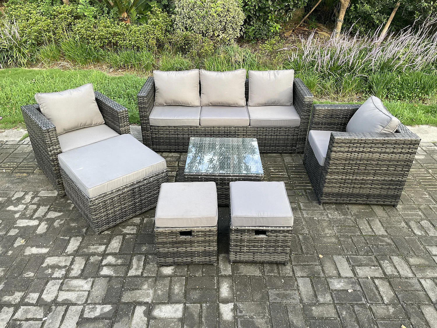 Fimous Wicker Rattan Garden Furniture Sofa Set with Armchair Square Coffee Table 3 Footstools Dark Grey Mixed